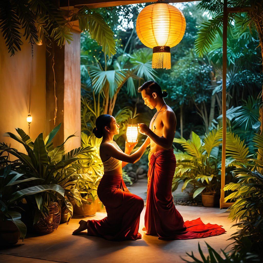 A warm, inviting scene depicting a traditional Khmer couple engaging in an intimate dance under soft lantern light, surrounded by lush tropical plants. Their attire reflects rich cultural patterns and colors, symbolizing joy and connection. In the background, subtle hints of ancient temples can be seen, creating a sense of cultural heritage. The atmosphere should evoke feelings of love and pleasure, with a softly glowing ambiance. super-realistic. vibrant colors. soft focus.
