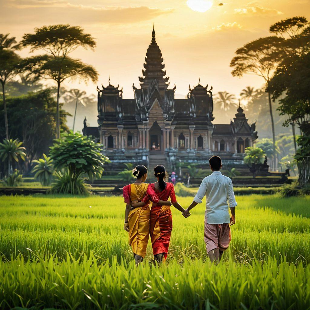A serene Cambodian landscape featuring a couple embracing in traditional Khmer attire amidst lush green rice fields and ornate temples in the background. Soft, golden sunlight filters through the trees, casting a warm glow. Elements of romance like lotus flowers and soft cushions for intimacy are strategically placed, emphasizing joy and connection. Incorporate rich, vibrant colors to depict warmth and passion. super-realistic. vibrant colors. 3D.